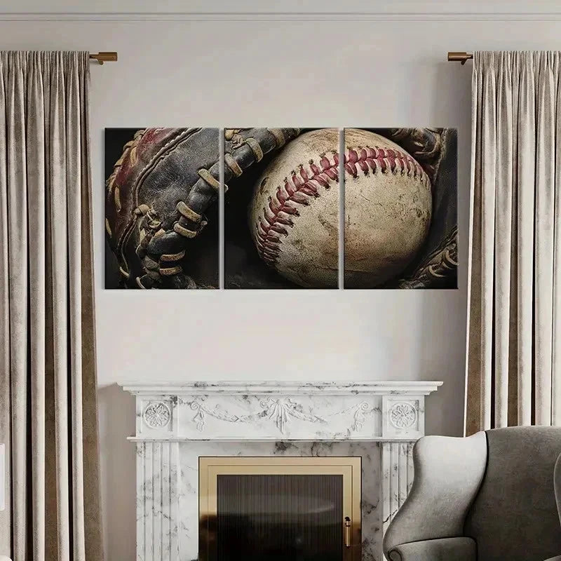 3pcs Vintage Baseball Glove and Ball Wall Art Set Canvas Framed 40x60cm - High Quality Print 100% Australian Made Wall Canvas Ready to Hang