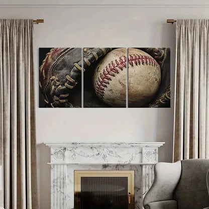 3pcs Vintage Baseball Glove and Ball Wall Art Set Canvas Framed 40x60cm - High Quality Print 100% Australian Made Wall Canvas Ready to Hang