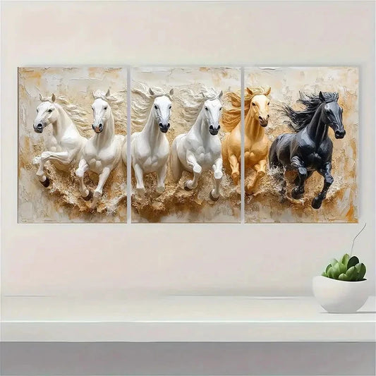 3pcs Seven Lucky Running Wild Horses Metal Print Ready to Hang Art