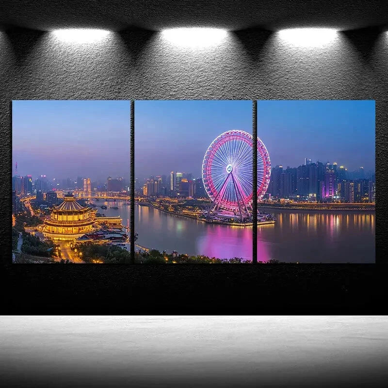 3pcs Cityscape Ferris Wheel Watercolor Style Metal Print Ready to Hang Art