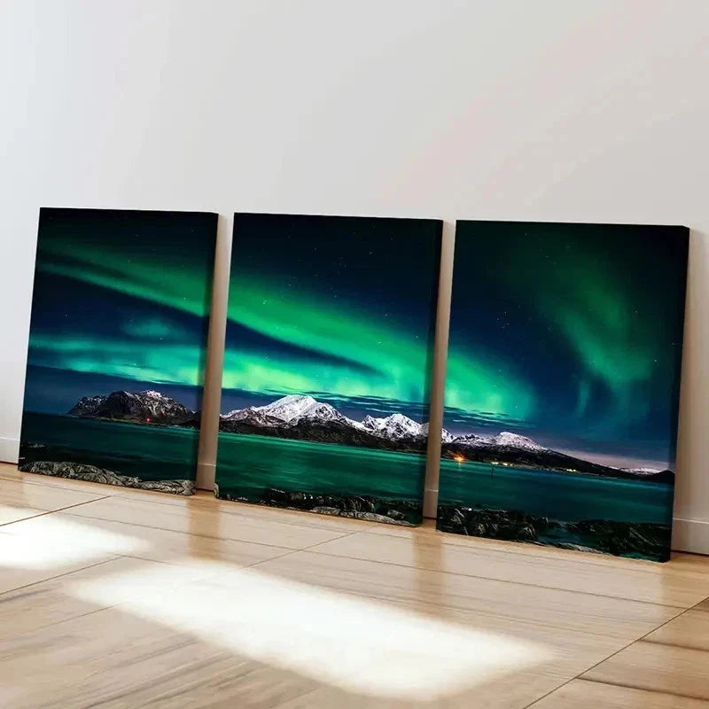 3pcs Snow Mountain Lake and Aurora Wall Art Set Canvas Framed 40x60cm - High Quality Print 100% Australian Made Wall Canvas Ready to Hang