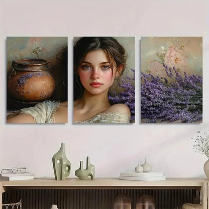 3pcs The Lavender Girl Fine Giclée Perfect Wall Art Set Canvas Framed 40x60cm - High Quality Print 100% Australian Made Wall Canvas Ready to Hang