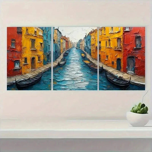 3pcs Gondolas Colorful Buildings Vibrant Perfect Wall Art Set Canvas Framed 40x60cm - High Quality Print 100% Australian Made Wall Canvas Ready to Hang