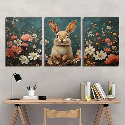 3pcs Bohemian Style Brown Bunny White Floral Metal Print Ready to Hang Art