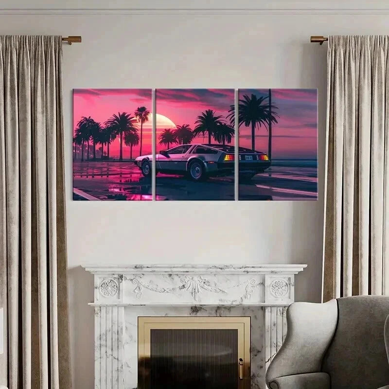3pcs Sunset Boulevard Cars Modern Decoration Wall Art Set Canvas Framed 40x60cm - High Quality Print 100% Australian Made Wall Canvas Ready to Hang