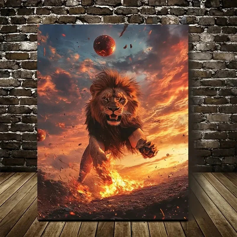 Beautiful Vibrant Lion Playing Ball Sunset Painting 40x60cm Metal Print Ready to Hang