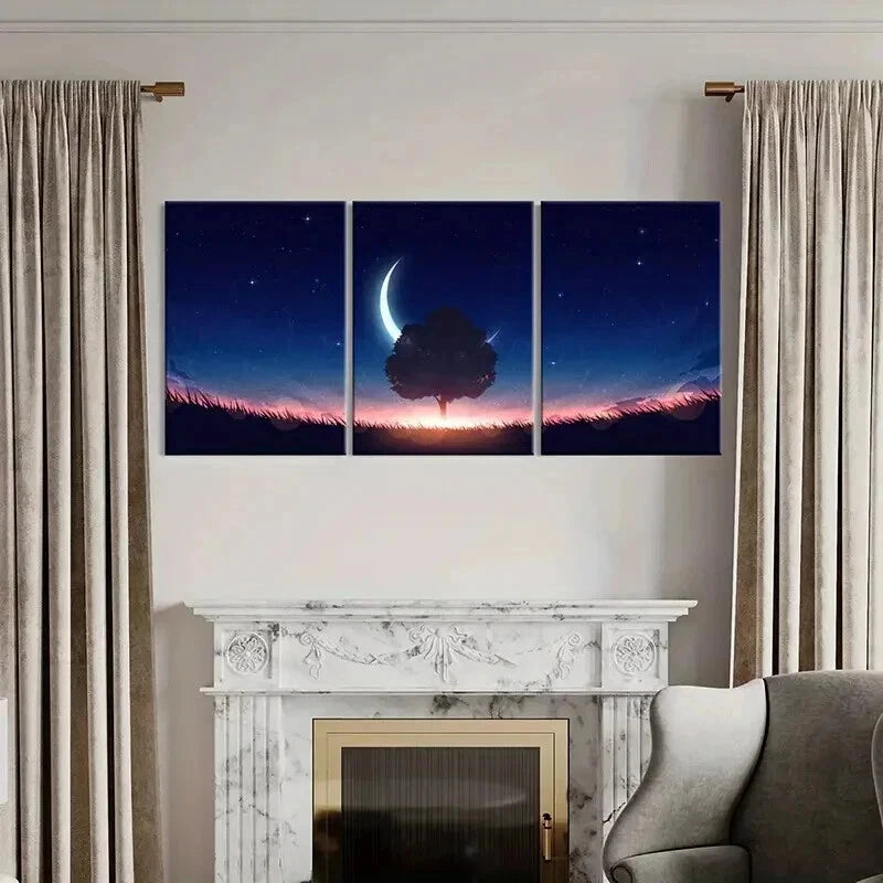 3pcs Moon Trees Grassland Fantasy Wall Art Set Canvas Framed 40x60cm - High Quality Print 100% Australian Made Wall Canvas Ready to Hang