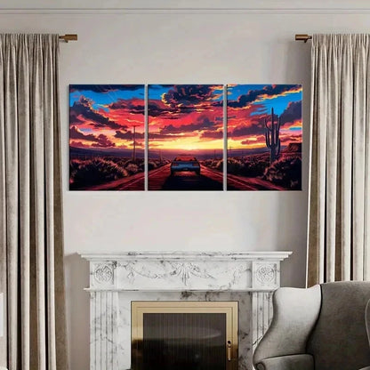 3pcs Sunset Strip & Sports Car Modern Wall Art Set Canvas Framed 40x60cm - High Quality Print 100% Australian Made Wall Canvas Ready to Hang
