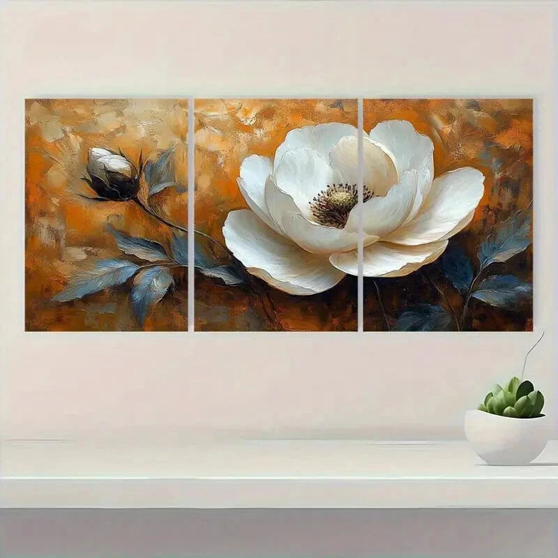 3pcs White Flower on Orange Background Metal Print Ready to Hang Art