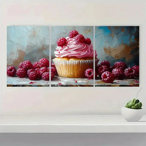 3pcs Berries Cupcake Dessert Neutral Wall Art Canvas Unframed - High Quality Print 100% Australian Made Wall Canvas