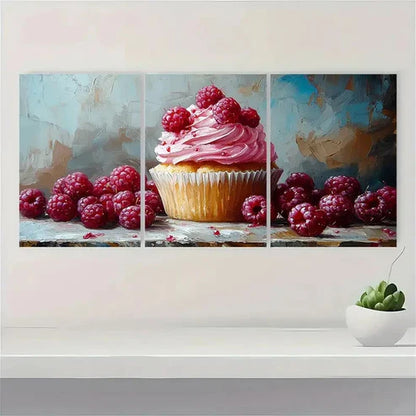 3pcs Berries Cupcake Dessert Neutral Wall Art Canvas Unframed - High Quality Print 100% Australian Made Wall Canvas