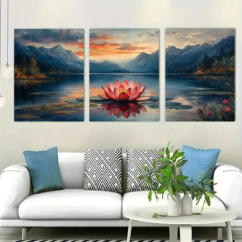 3pcs Lake And Mountains Décor Lotus Perfect Wall Art Set Canvas Framed 40x60cm - High Quality Print 100% Australian Made Wall Canvas Ready to Hang