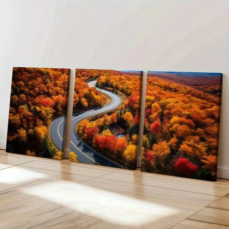 3pcs Golden Leaves Road Modern Decoration Wall Art Set Canvas Framed 40x60cm - High Quality Print 100% Australian Made Wall Canvas Ready to Hang
