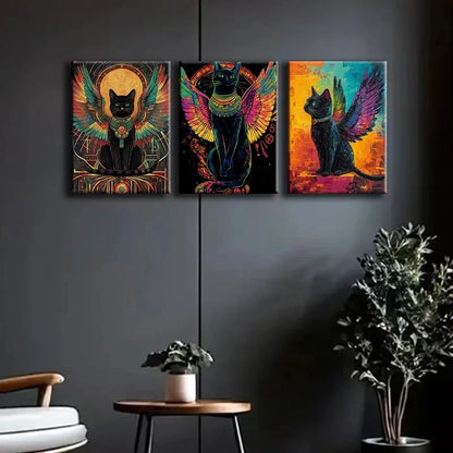 3pcs A Black Cat with Wings Painting Metal Print Ready to Hang Art