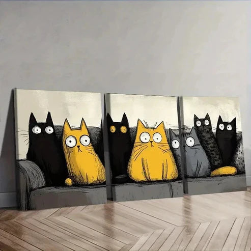 3pcs Black & Yellow Cats with Gray AccentsWall Art Set Canvas Unframed - High Quality Print 100% Australian Made Wall Canvas