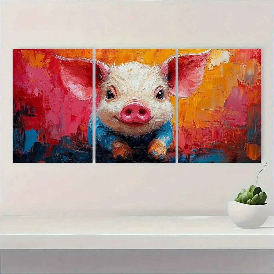 3pcs Painting Cute Pig Colourful Pink Metal Print Ready to Hang Art