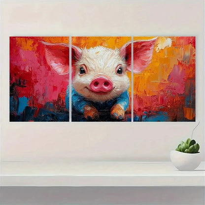 3pcs Painting Cute Pig Colourful Pink Metal Print Ready to Hang Art