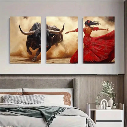 3pcs Flamenco Dancer Charging Bull Perfect Wall Art Set Canvas Framed 40x60cm - High Quality Print 100% Australian Made Wall Canvas Ready to Hang