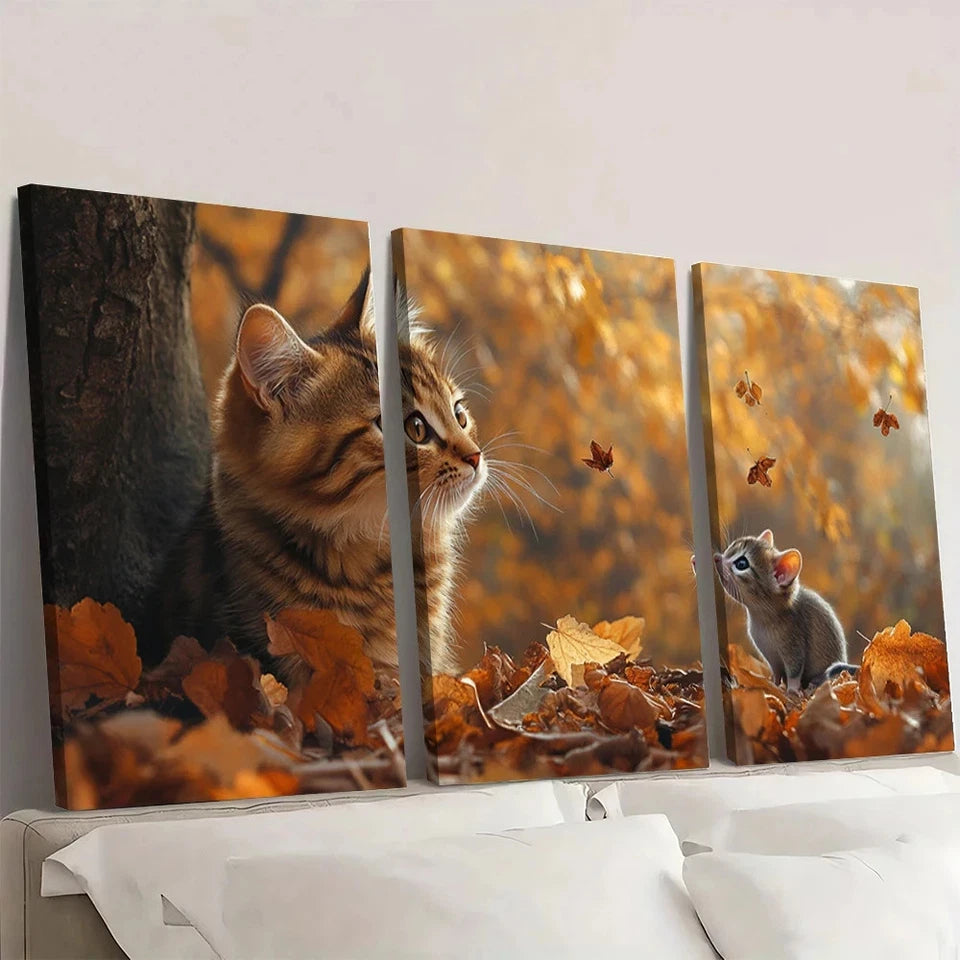 3pcs Autumn Cat and Mouse Scene Wall Art Set Canvas Framed 60x90cm - High Quality Print 100% Australian Made Wall Canvas Ready to Hang