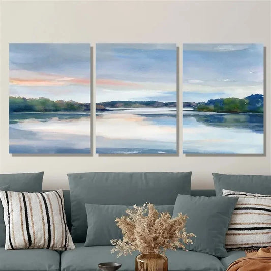3pcs Watercolor Style Autumn Lake Landscape Metal Print Ready to Hang Art