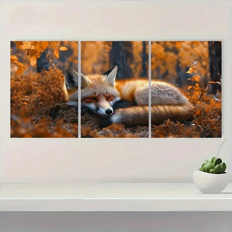 3pcs Sleeping Fox in Forest Scene A Wall Art Set Canvas Framed 40x60cm - High Quality Print 100% Australian Made Wall Canvas Ready to Hang