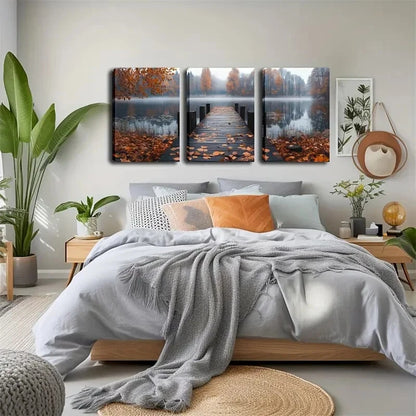 3pcs Serene Autumn Vibrant Bridge Perfect Wall Art Set Canvas Framed 40x60cm - High Quality Print 100% Australian Made Wall Canvas Ready to Hang