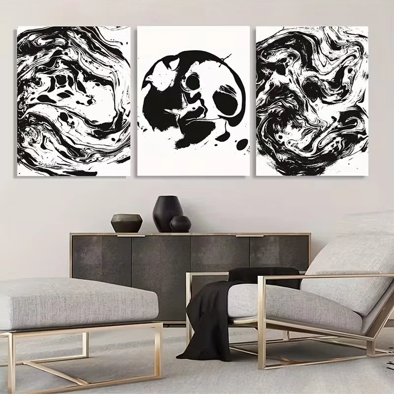 3pcs Black And White Abstract Liquid Texture    Wall Art Set Canvas Framed 60x90cm - High Quality Print 100% Australian Made Wall Canvas Ready to Hang