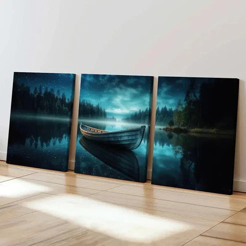 3pcs Tranquil Lake Starry Night Wooden Boat Wall Art Set Canvas Unframed - High Quality Print 100% Australian Made Wall Canvas