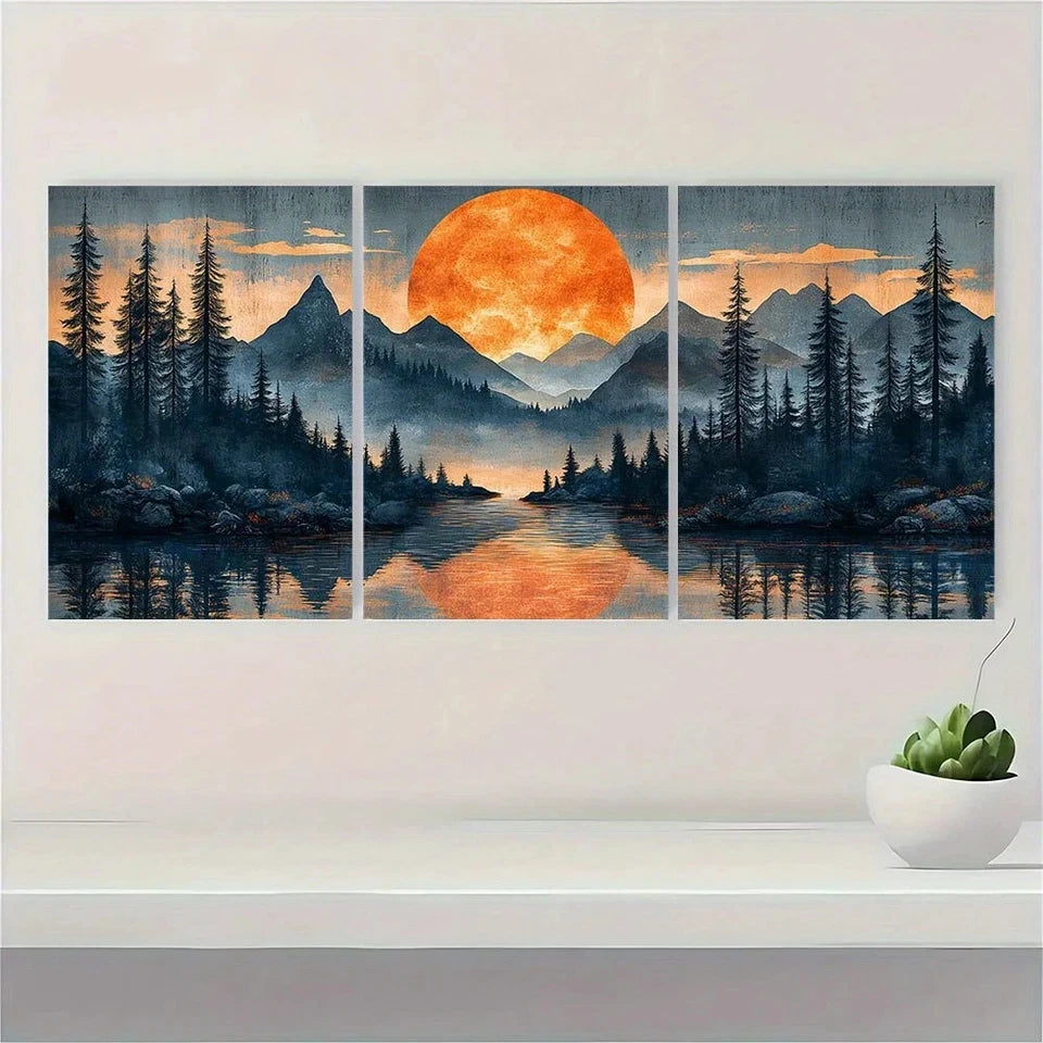 3pcs Moonlit Abstract Mountain Forest Scene Metal Print Ready to Hang Art