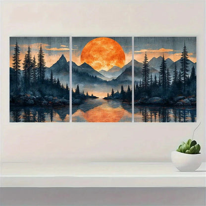 3pcs Moonlit Abstract Mountain Forest Scene Metal Print Ready to Hang Art