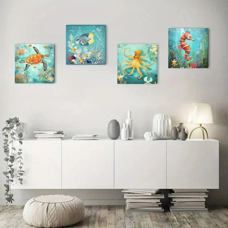 4pcs Vibrant Sea Turtle, Octopus, Seahorse & Wha Wall Art Canvas Framed