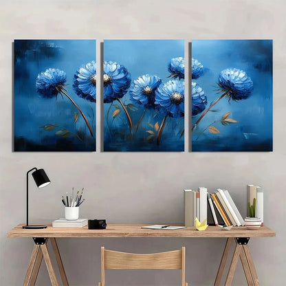 3pcs Vibrant Blue Dandelion Flowers & Green Leaves Metal Print Ready to Hang Art