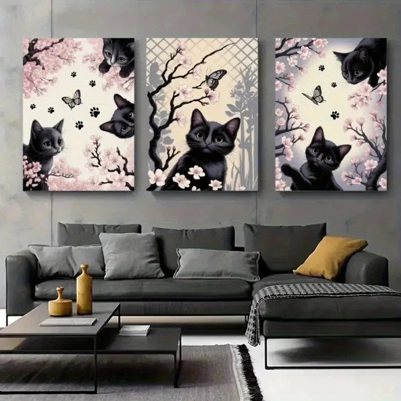 3pcs Black Cat & Butterfly Style Floral & Fauna Metal Print Ready to Hang Art