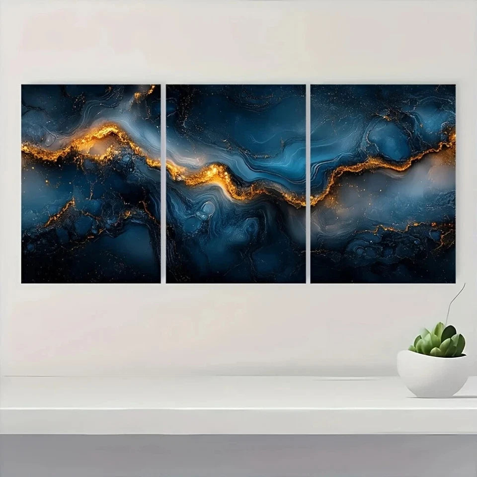 3pcs Abstract Black Blue and Golden Marble Metal Print Ready to Hang Art