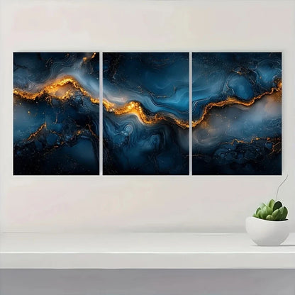 3pcs Abstract Black Blue and Golden Marble Metal Print Ready to Hang Art