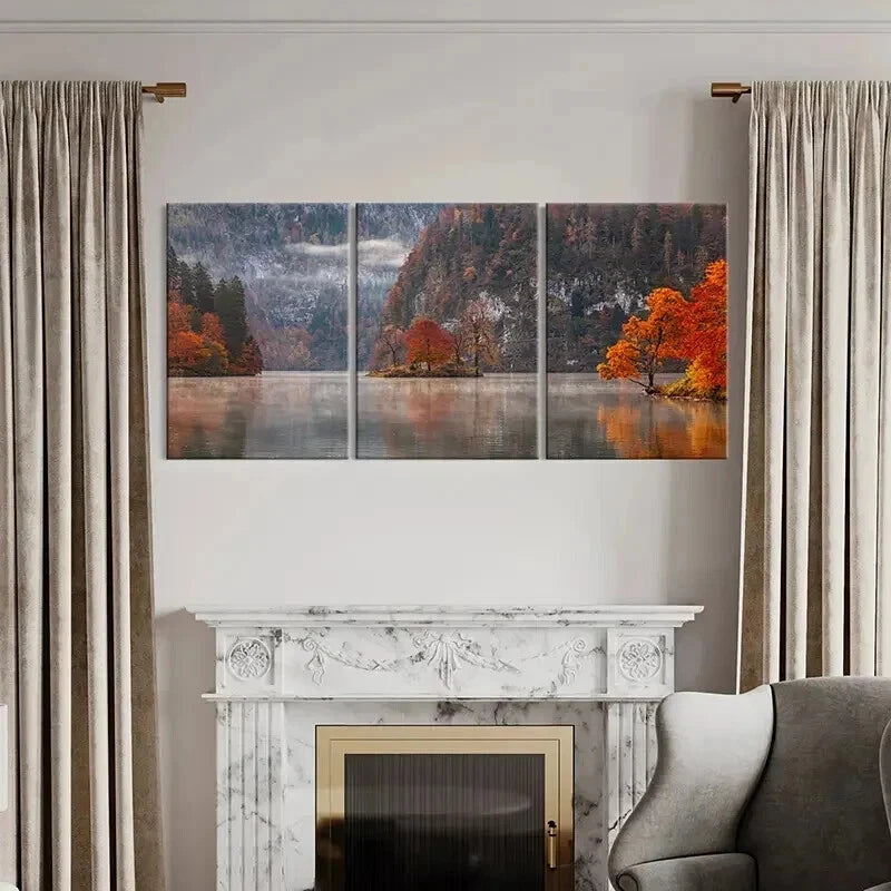 3pcs Autumn Forest Lake & Trees Nature  Wall Art Set Canvas Framed 40x60cm - High Quality Print 100% Australian Made Wall Canvas Ready to Hang