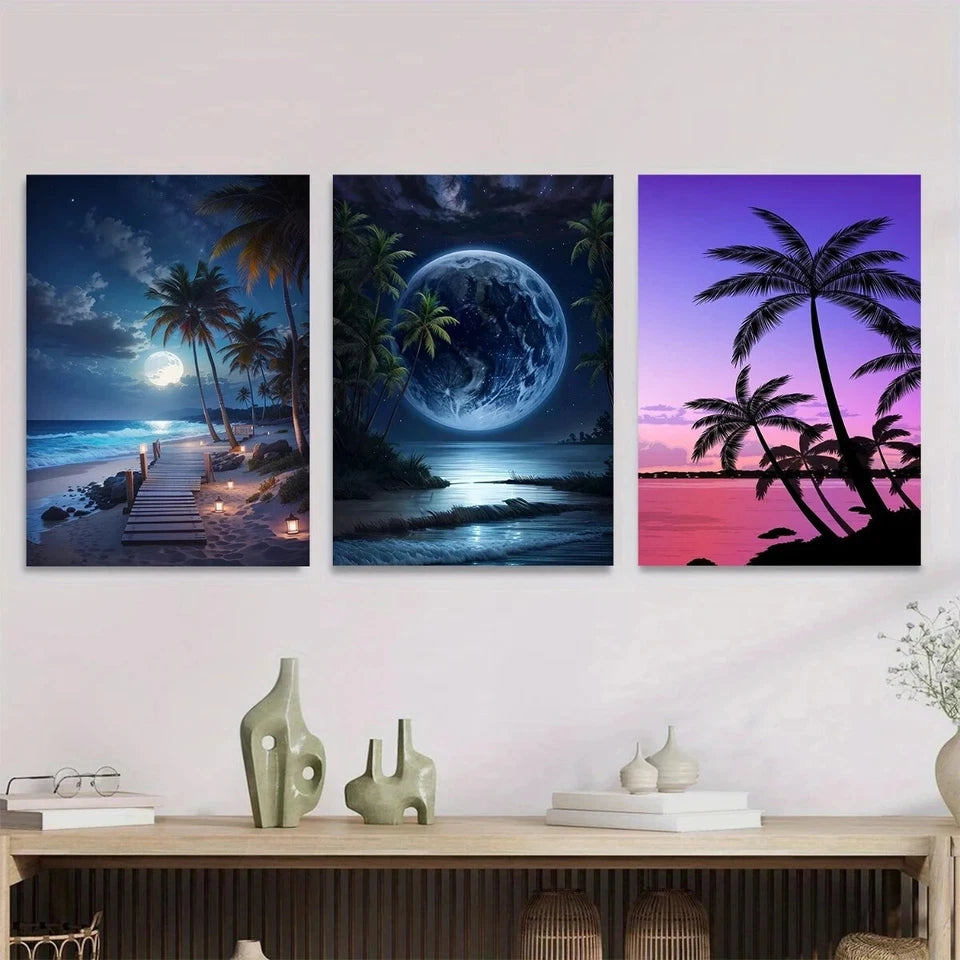 3pcs Coastal Sunset Beach & Moonlit Sky Metal Print Ready to Hang Art