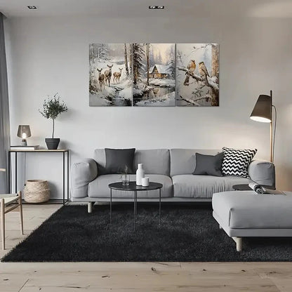 3pcs Snowy Forest Scene with Deer Birds and Cabin Metal Print Ready to Hang Art