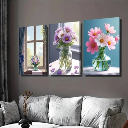 3pcs Floral Bouquet Vibrant Flowers in Vases Wall Art Set Canvas Framed 50x70cm - High Quality Print 100% Australian Made Wall Canvas Ready to Hang