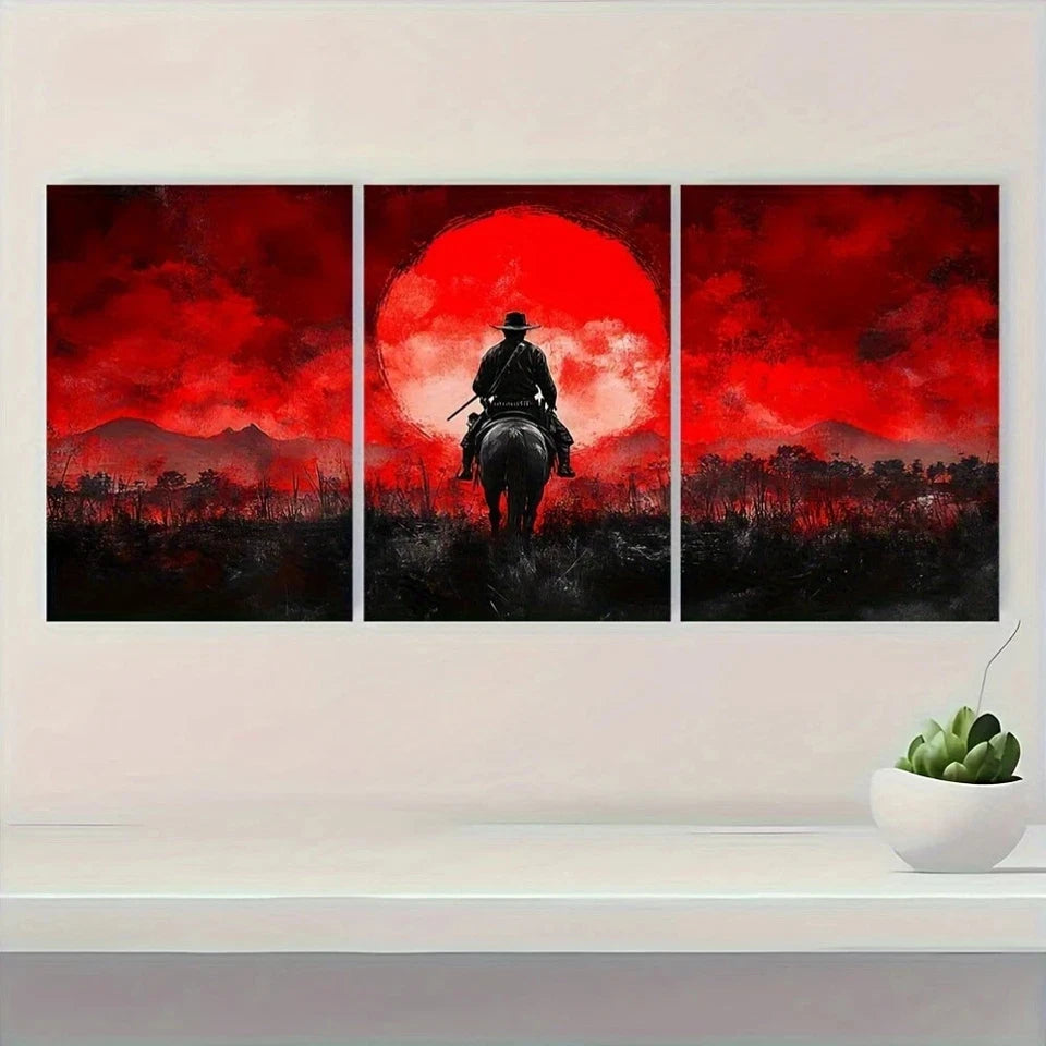 3pcs Japanese Cowboy Wild West Samurai Mashup Metal Print Ready to Hang Art