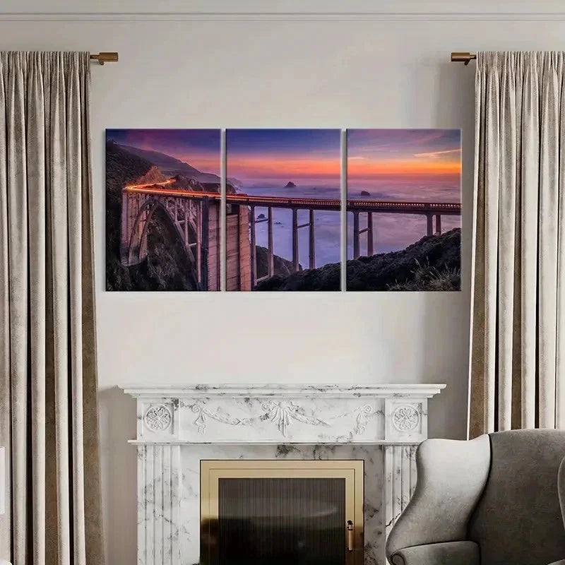 3pcs Coastal Landscape with Train & Sunset Wall Art Set Canvas Framed 40x60cm - High Quality Print 100% Australian Made Wall Canvas Ready to Hang