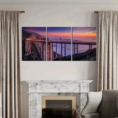 3pcs Coastal Landscape with Train & Sunset Wall Art Set Canvas Framed 40x60cm - High Quality Print 100% Australian Made Wall Canvas Ready to Hang