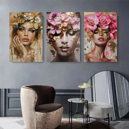 3pcs Floral Crown Woman Portrait Elegant Perfect Wall Art Set Canvas Framed 40x60cm - High Quality Print 100% Australian Made Wall Canvas Ready to Hang