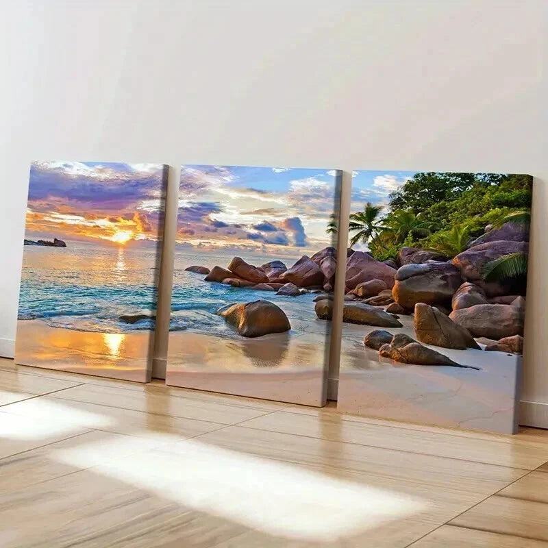 3pcs Beach Landscape with Palm Trees & Rocks Wall Art Set Canvas Framed 40x60cm - High Quality Print 100% Australian Made Wall Canvas Ready to Hang