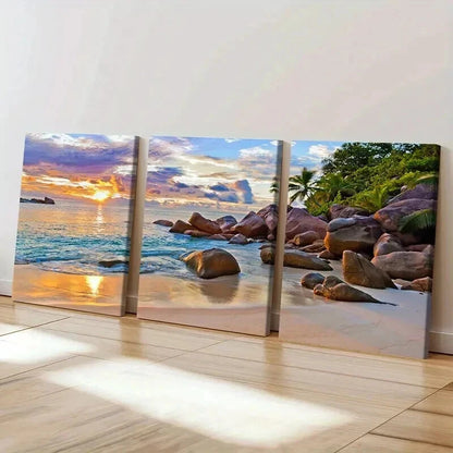 3pcs Beach Landscape with Palm Trees & Rocks Wall Art Set Canvas Framed 40x60cm - High Quality Print 100% Australian Made Wall Canvas Ready to Hang