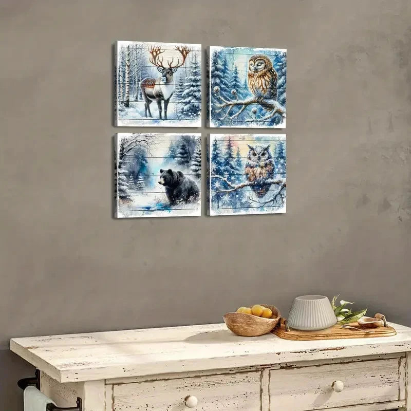 4pcs Forest Bear Pictures White WinterWall Art Canvas Framed