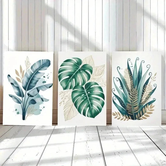 3pcs Leaves, Golden Accents Canvas Wall Art Set Canvas Framed 40x60cm - High Quality Print 100% Australian Made Wall Canvas Ready to Hang
