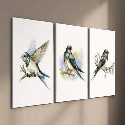 3pcs Bird Illustration on Tree Branch Wall Art Set Canvas Unframed - High Quality Print 100% Australian Made Wall Canvas