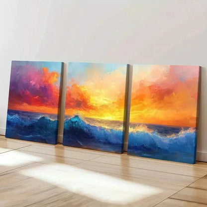 3pcs Sunset Ocean Waves Vibrant Sky Wall Art Set Canvas Framed 40x60cm - High Quality Print 100% Australian Made Wall Canvas Ready to Hang