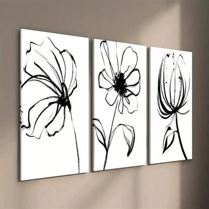 3pcs Black and White Wildflower Deco Wall Art Set Canvas Framed 50x70cm - High Quality Print 100% Australian Made Wall Canvas Ready to Hang